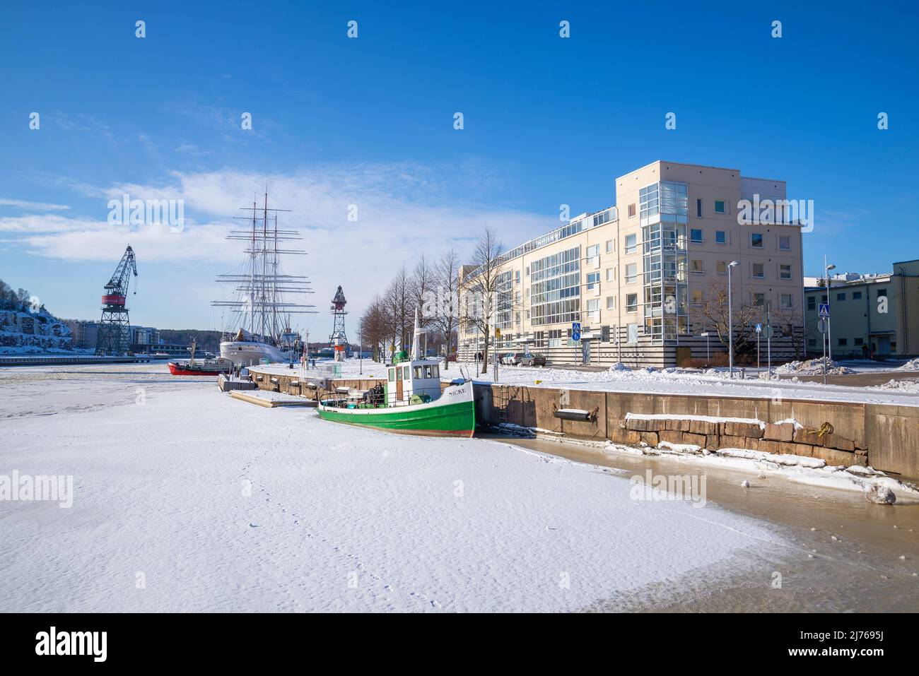 TURKU, FINLAND - FEBRUARY 23, 2018: Aurajoki river embankment on a sunny February day Stock Photo