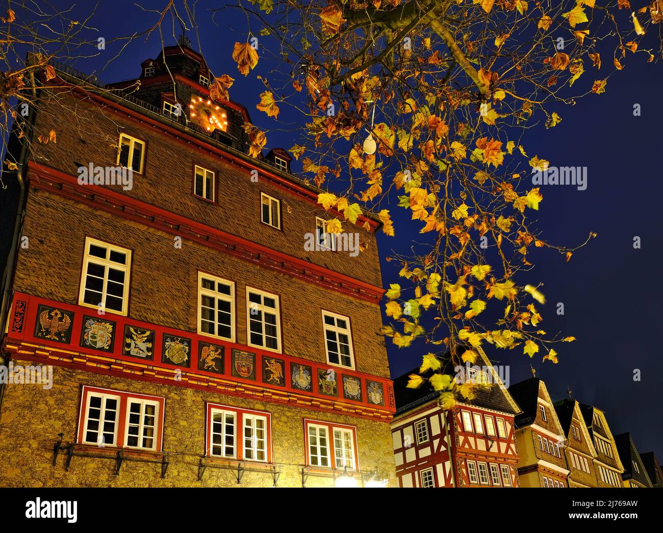 Europe, Germany, Hesse, city Herborn, historical old town, Christmas, Christmas lights, town hall Stock Photo