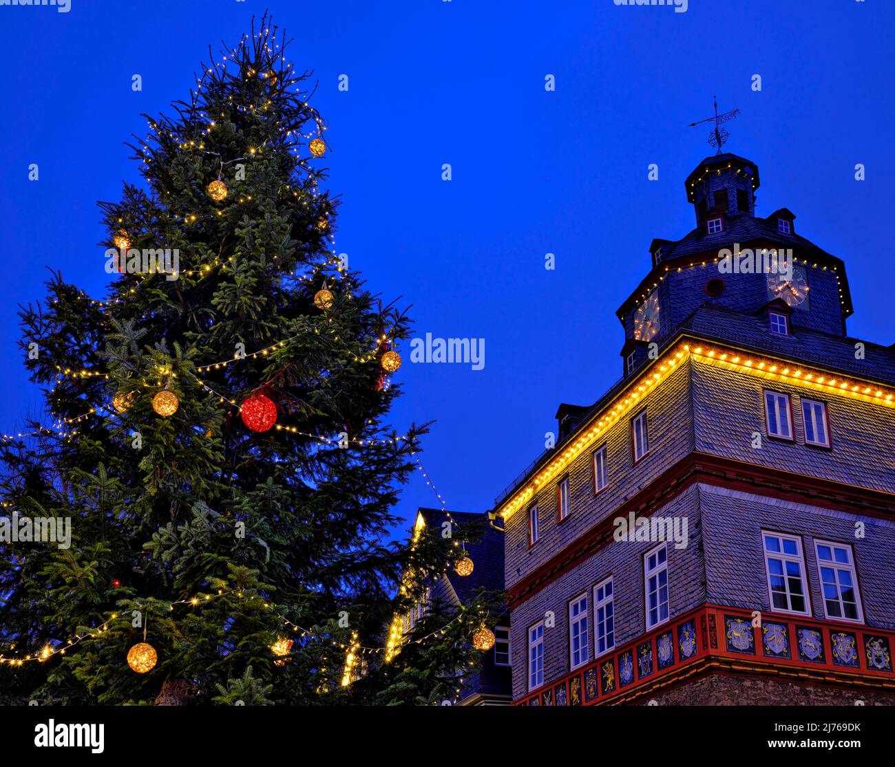 Europe, Germany, Hesse, city of Herborn, historical old town, Christmas, Christmas lights, town hall at market place, Christmas tree Stock Photo