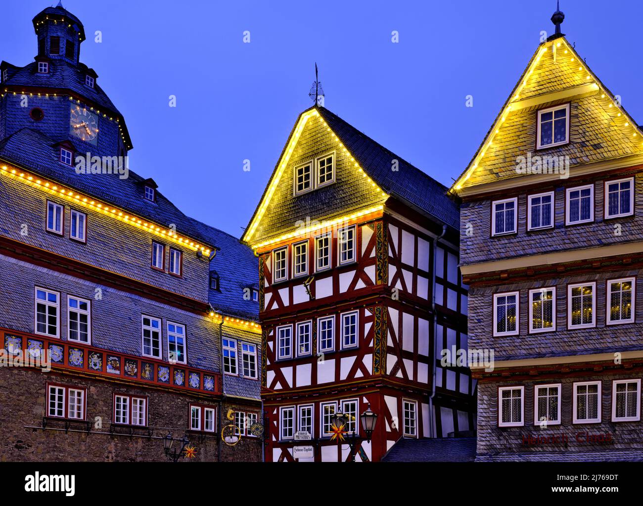 Europe, Germany, Hesse, city of Herborn, historical old town, Christmas, Christmas lights, town hall at market place Stock Photo