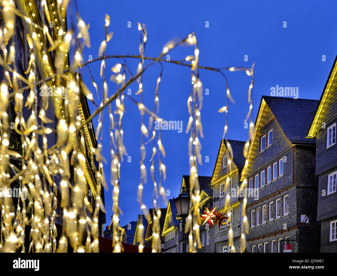 Europe, Germany, Hesse, city Herborn, historical old town, Christmas, Christmas lights, ice decoration Stock Photo