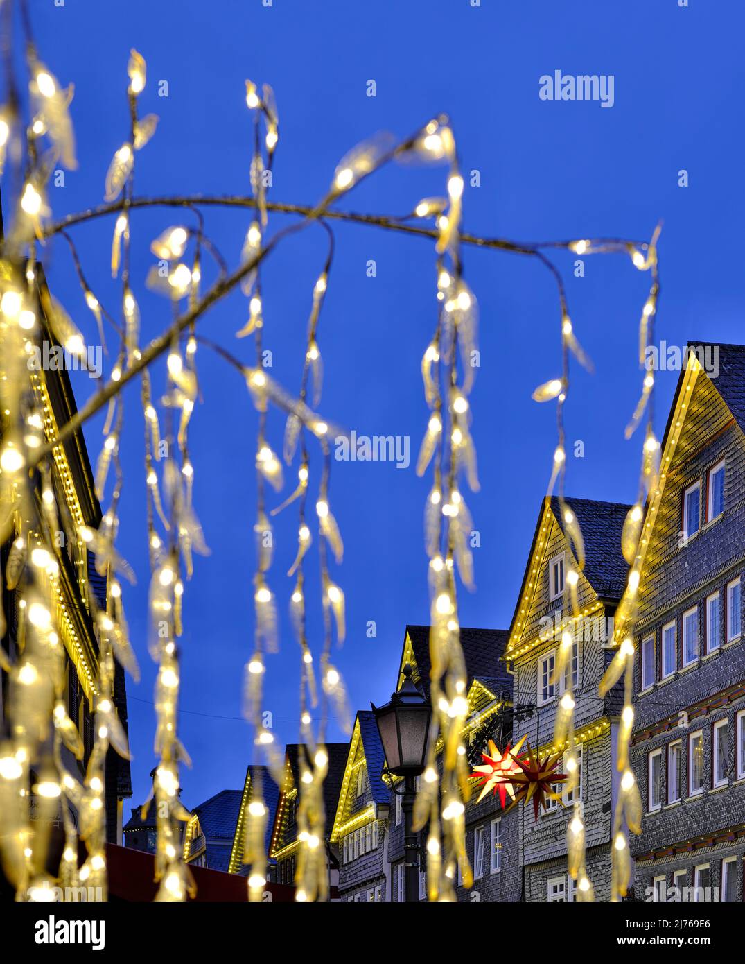 Europe, Germany, Hesse, city Herborn, historical old town, Christmas, Christmas lights, ice decoration Stock Photo