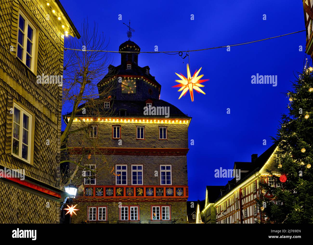 Europe, Germany, Hesse, city of Herborn, historical old town, Christmas, Christmas lights, town hall at market place Stock Photo