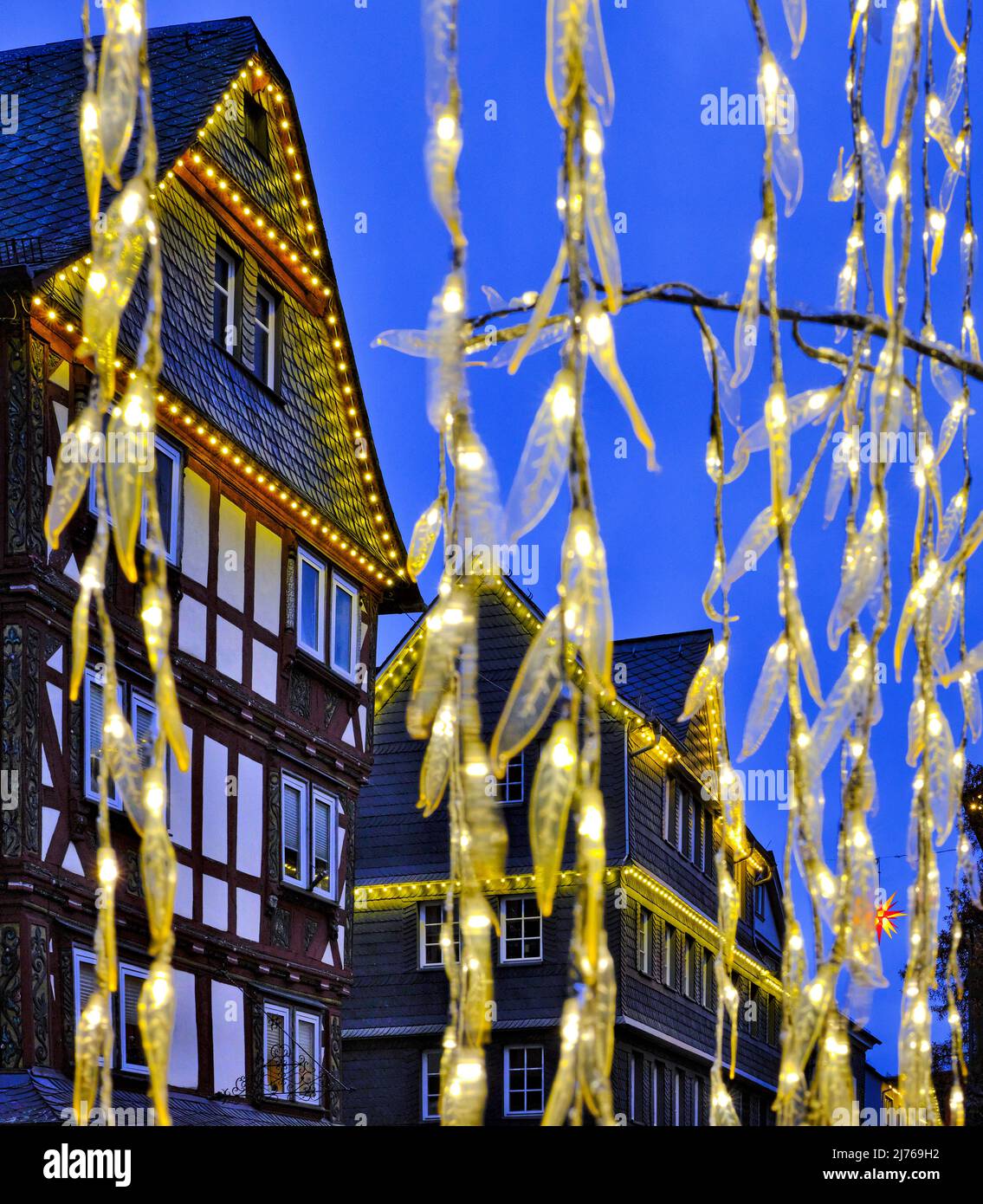 Europe, Germany, Hesse, city Herborn, historical old town, Christmas, Christmas lights, ice decoration Stock Photo