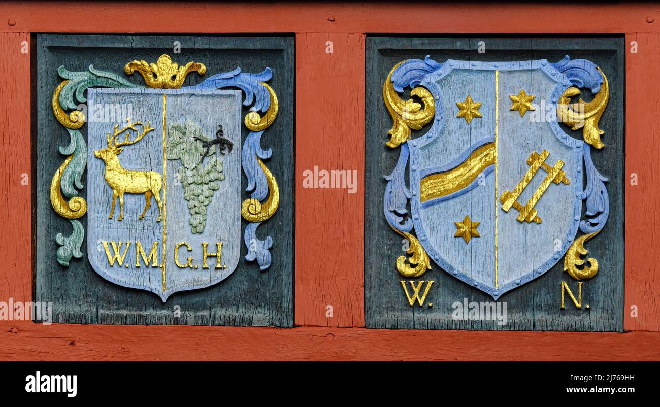 Europe, Germany, Hesse, city Herborn, historical old town, civic coat of arms frieze at the town hall Stock Photo