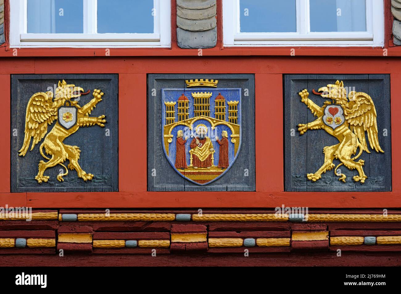 Europe, Germany, Hesse, city Herborn, historical old town, civic coat of arms frieze at the town hall Stock Photo