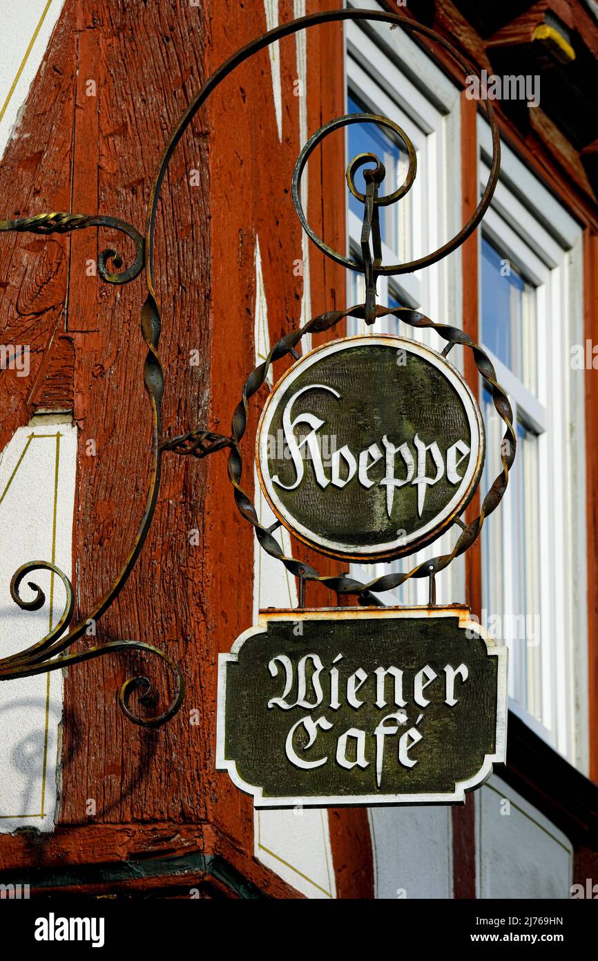 Europe, Germany, Hesse, city of Herborn, historic old town, figurehead on half-timbered house, 'Viennese cafe'. Stock Photo
