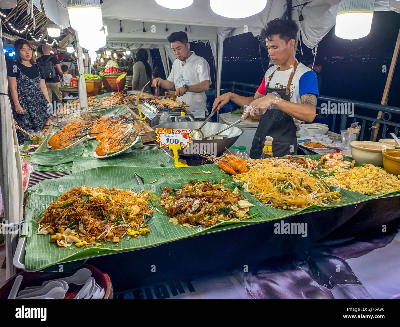 Selling Pad Thai and various typical dishes, Asiatique The Riverfront, entertainment mile, night market, Chao Praya River, Bangkok, Thailand, Asia Stock Photo