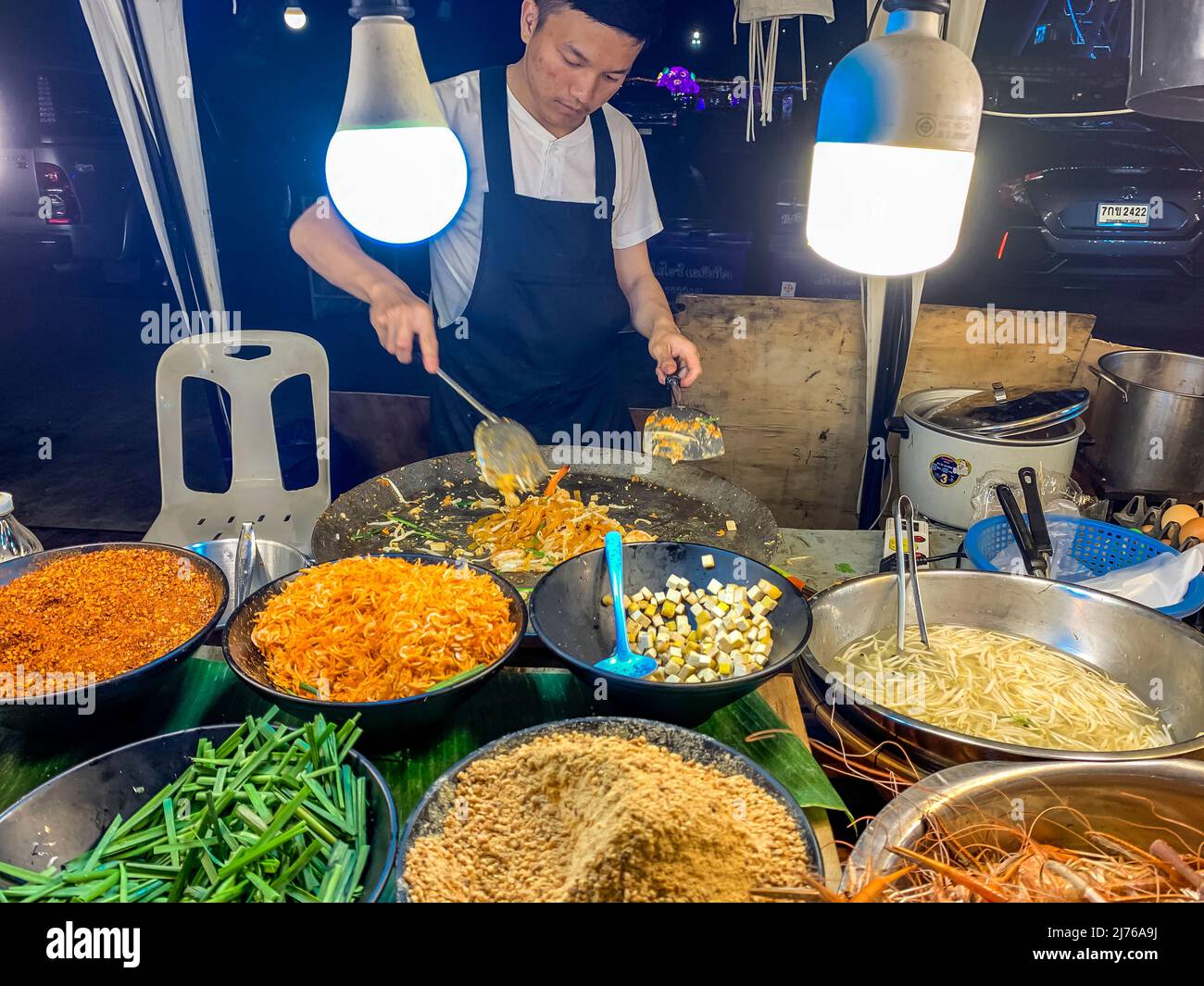 Selling shrimp and various typical dishes, Asiatique The Riverfront, entertainment mile, night market, Chao Praya River, Bangkok, Thailand, Asia Stock Photo