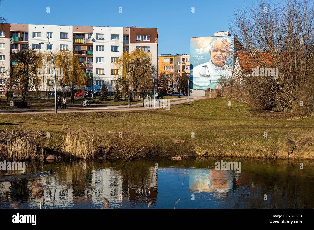 Europe, Poland, Warmia-Masuria Voivodeship, Elk (Lyck), cityscape, painted facade Stock Photo