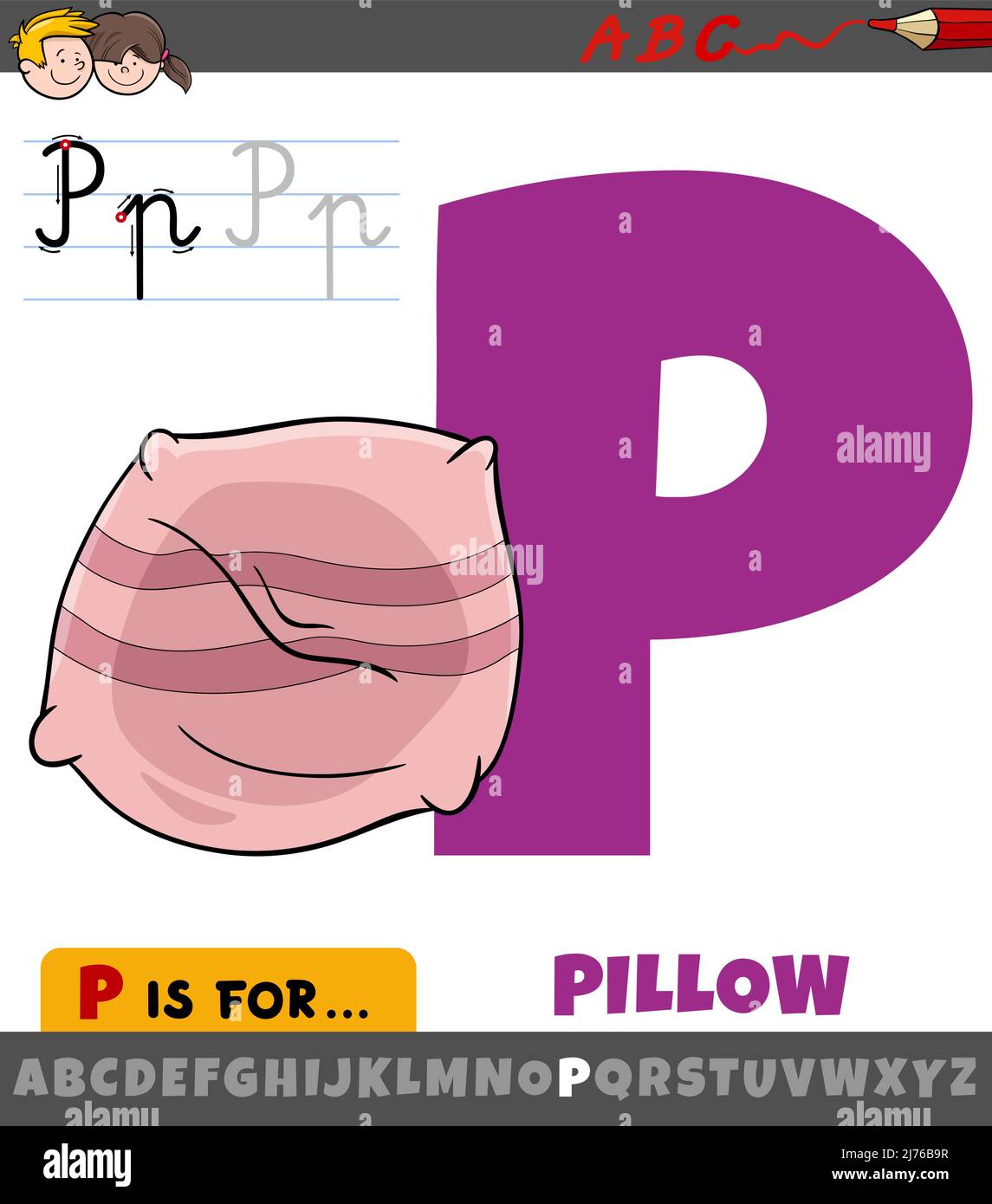 Educational cartoon illustration of letter P from alphabet with pillow object Stock Vector