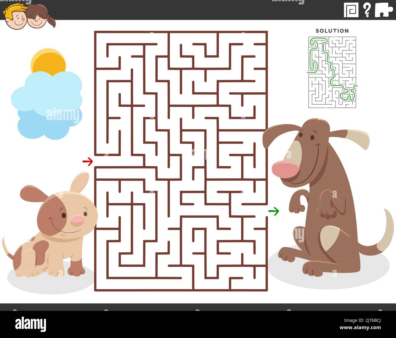 Cartoon illustration of educational maze puzzle game for children with ...