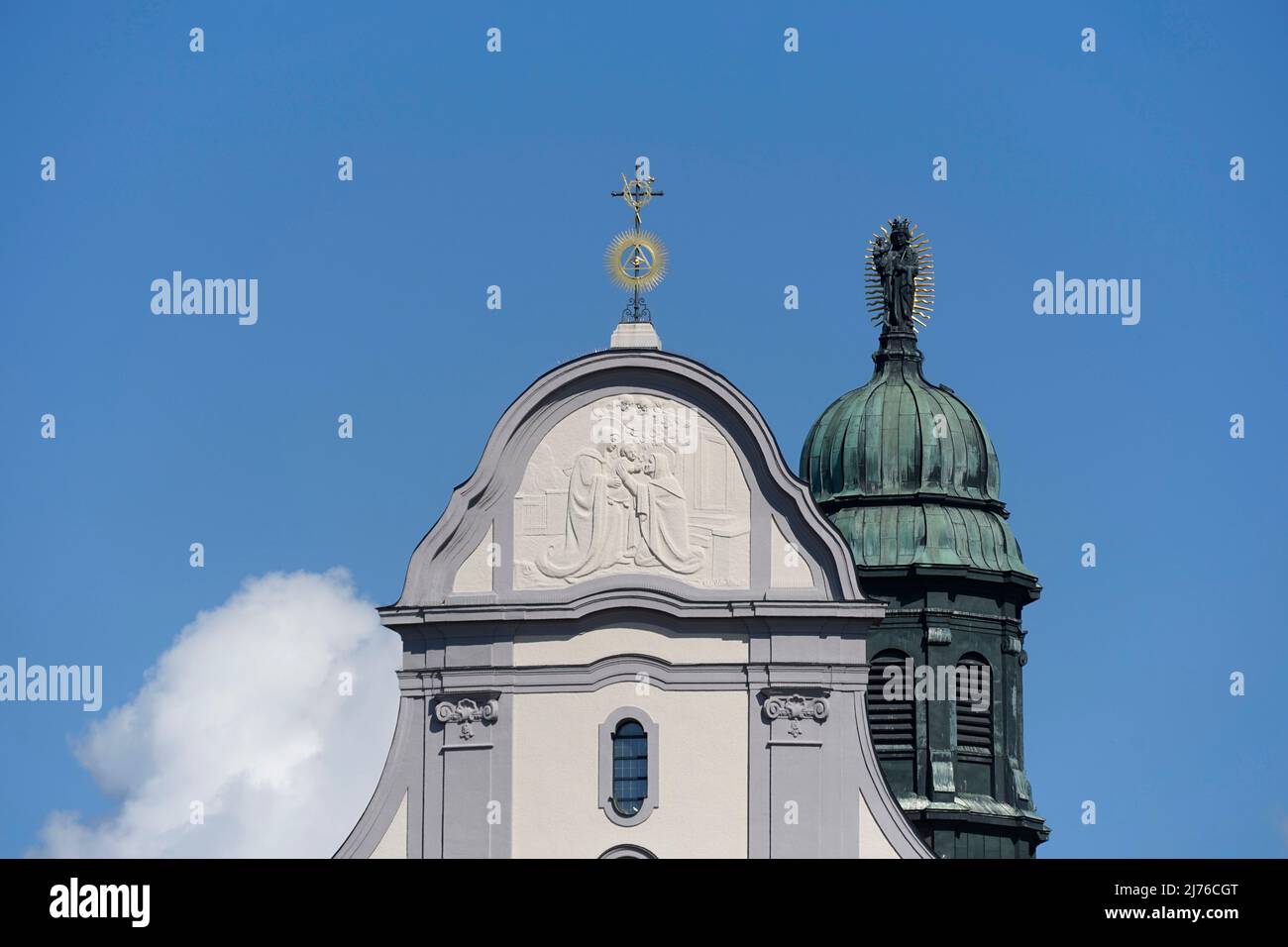 Germany, Bavaria, Upper Bavaria, Altötting, Basilica St. Anna, gable, church tower, statue of the Virgin Mary, detail Stock Photo