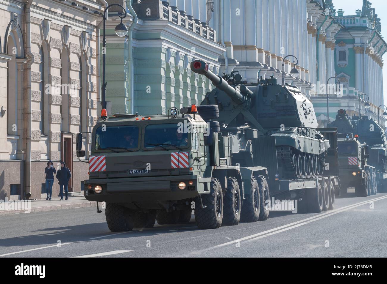 SAINT PETERSBURG, RUSSIA - APRIL 28, 2022: Transportation of military equipment. Preparations for the parade in honor of the Victory Day Stock Photo