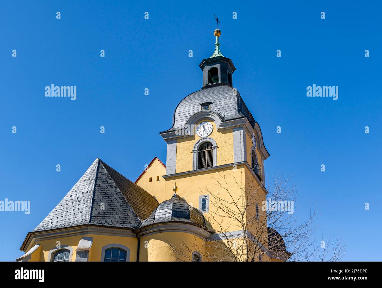 Germany, Suhl, St. Mary's Lutheran Church is the oldest church in the city of Suhl. The church was built between 1487 and 1491. The church tower has a square ground plan and a Welsh dome. Stock Photo