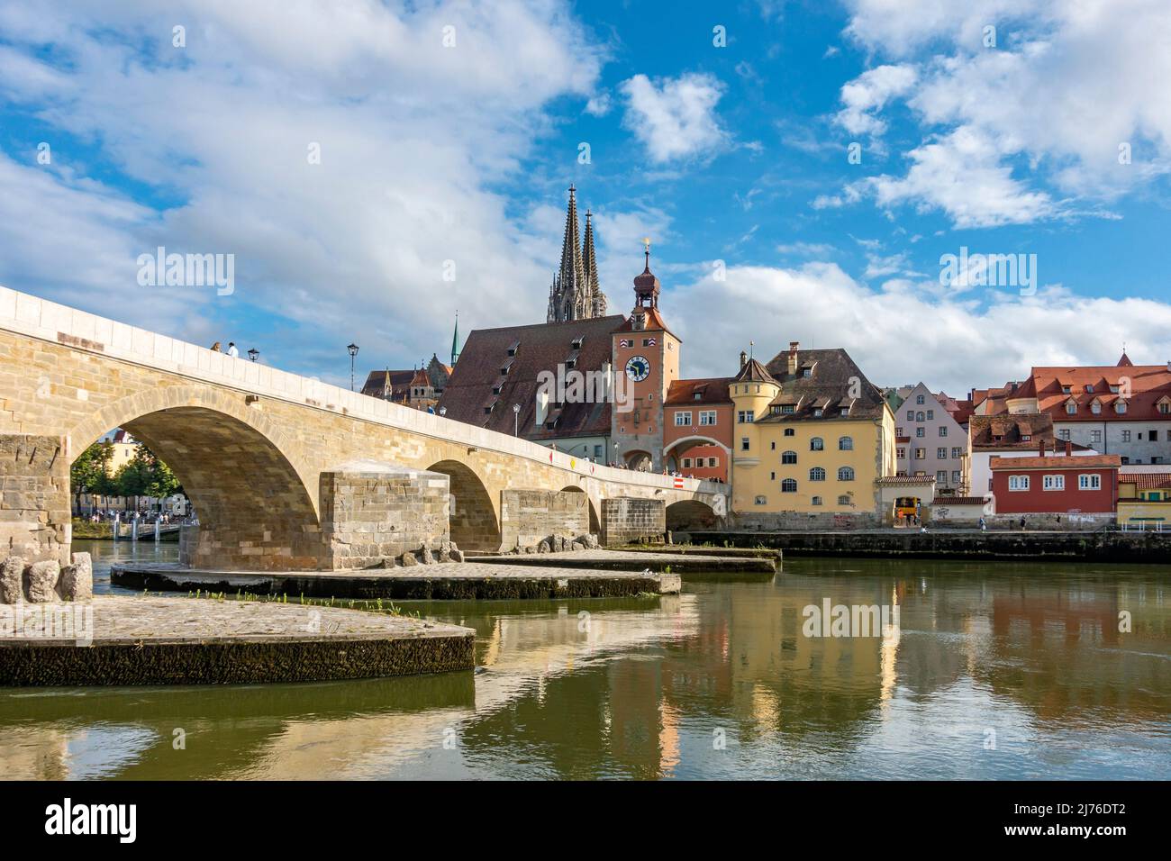 Germany, Regensburg, Stone Bridge with Bridge Tower. Considered a landmark of Regensburg and the oldest preserved bridge in Germany. Stock Photo