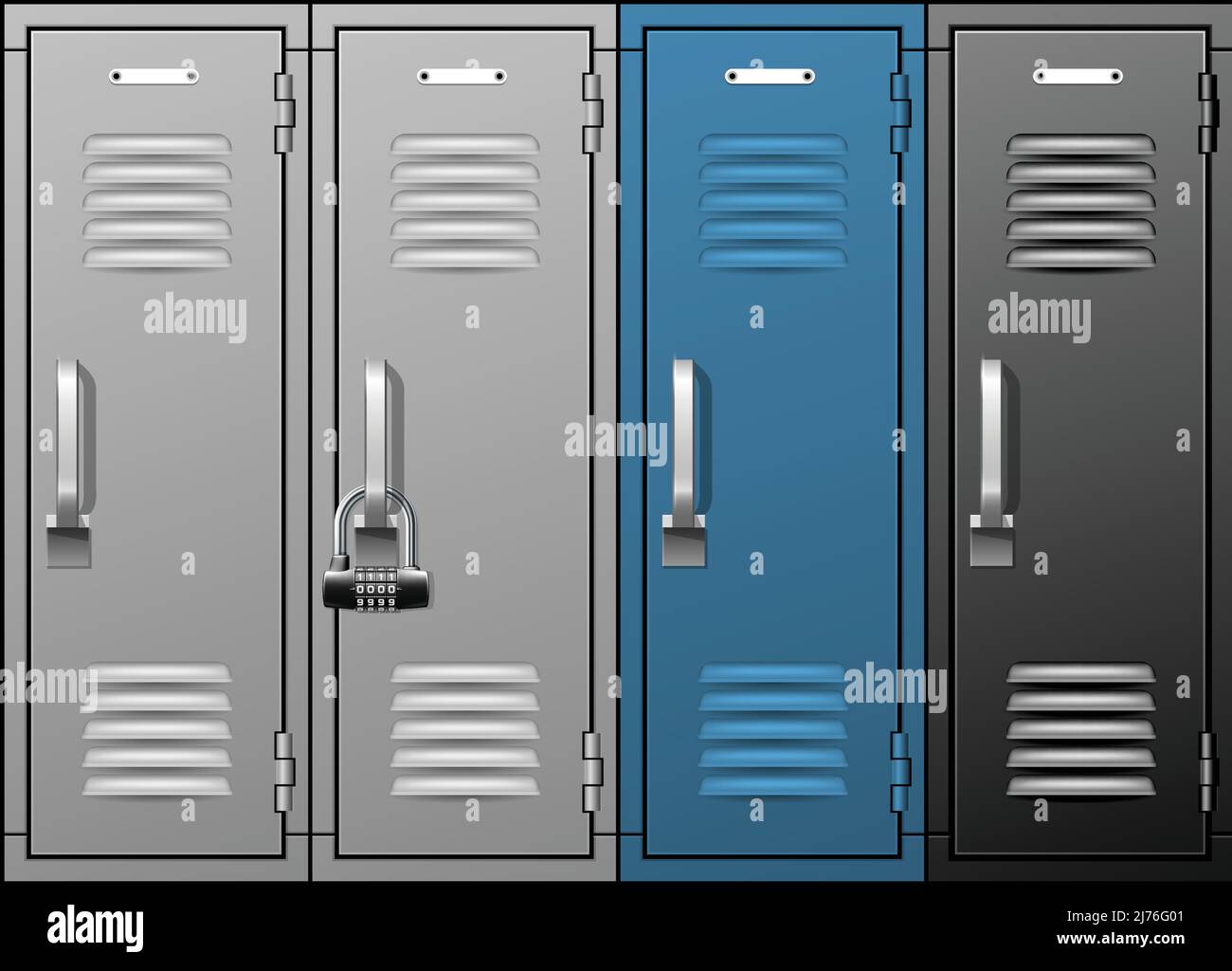 Locker room metal row of school or gym lockers, blue and grey