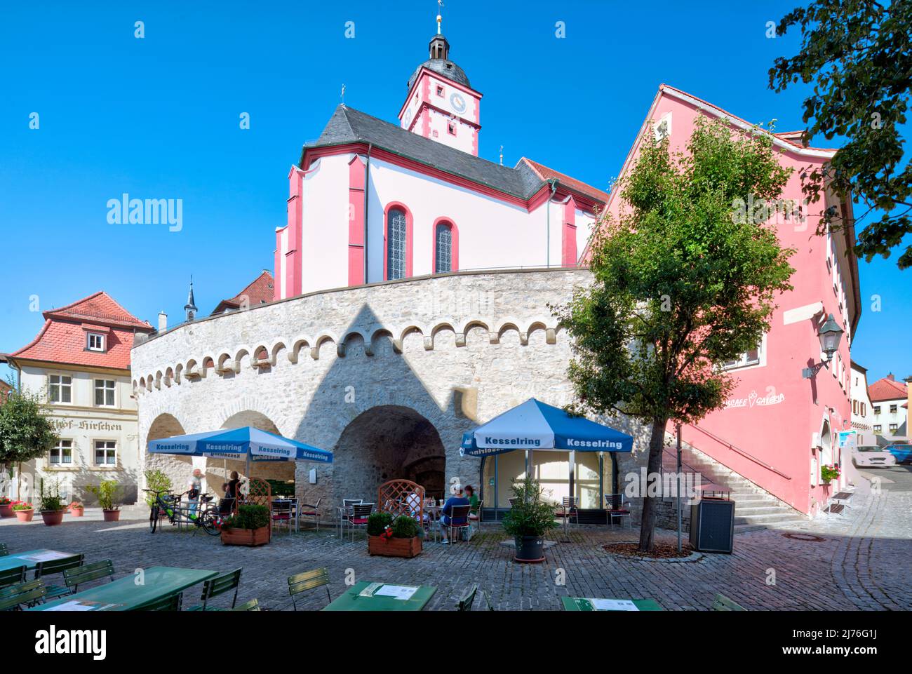 St. Augustine, town parish church, market, house facade, town view, autumn, Dettelbach, Franconia, Bavaria, Germany, Europe Stock Photo