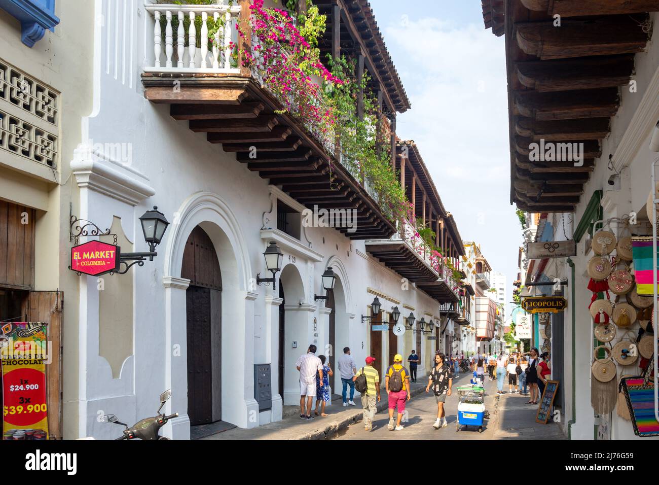Colourful balconies, Calle de Ayos, Old Cartagena, Cartagena, Bolivar, Republic of Colombia Stock Photo