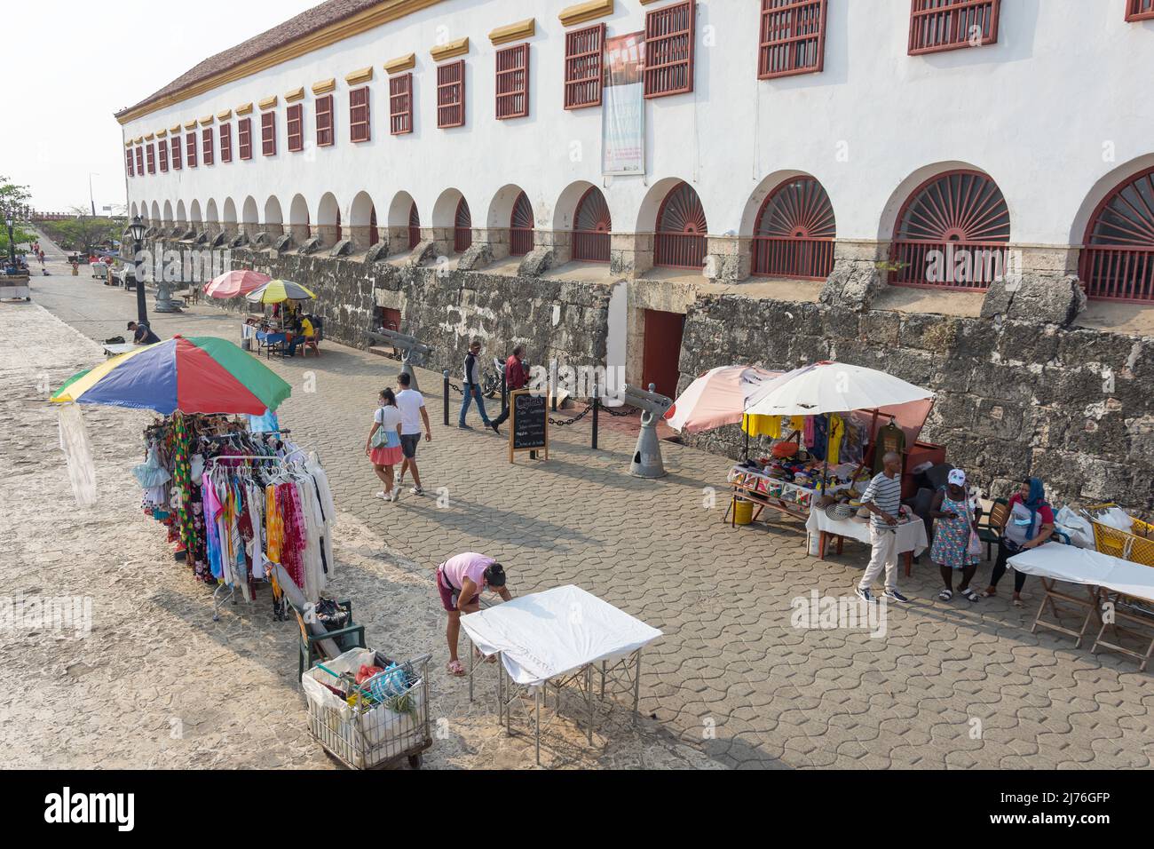 Craft and souvenir market stalls on Paseo de Los Heroes Navales, Old Cartagena, Cartagena, Bolivar,  Republic of Colombia Stock Photo