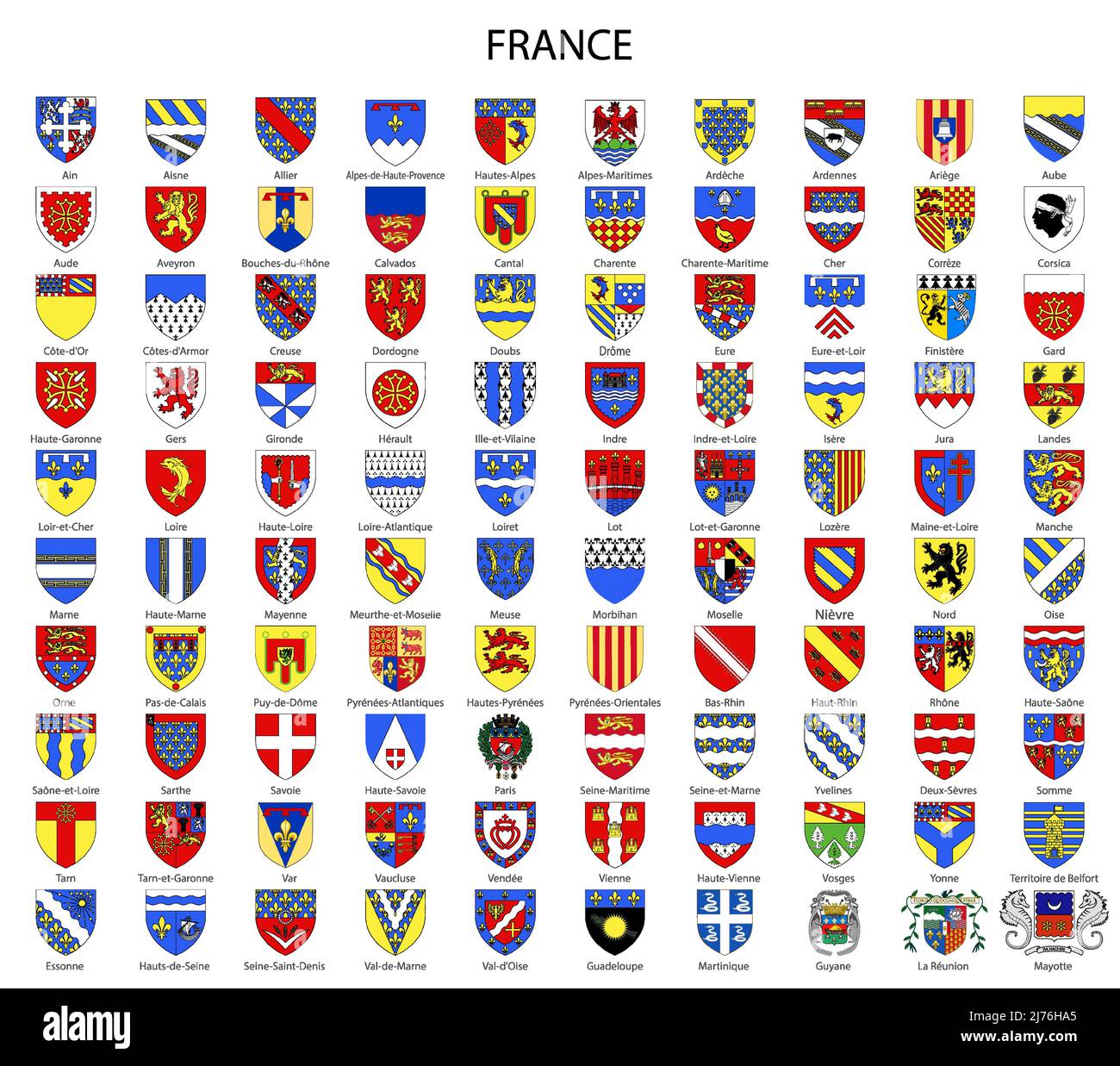 Set Coat of arms of the department of France, All French regions emblem collection Stock Vector