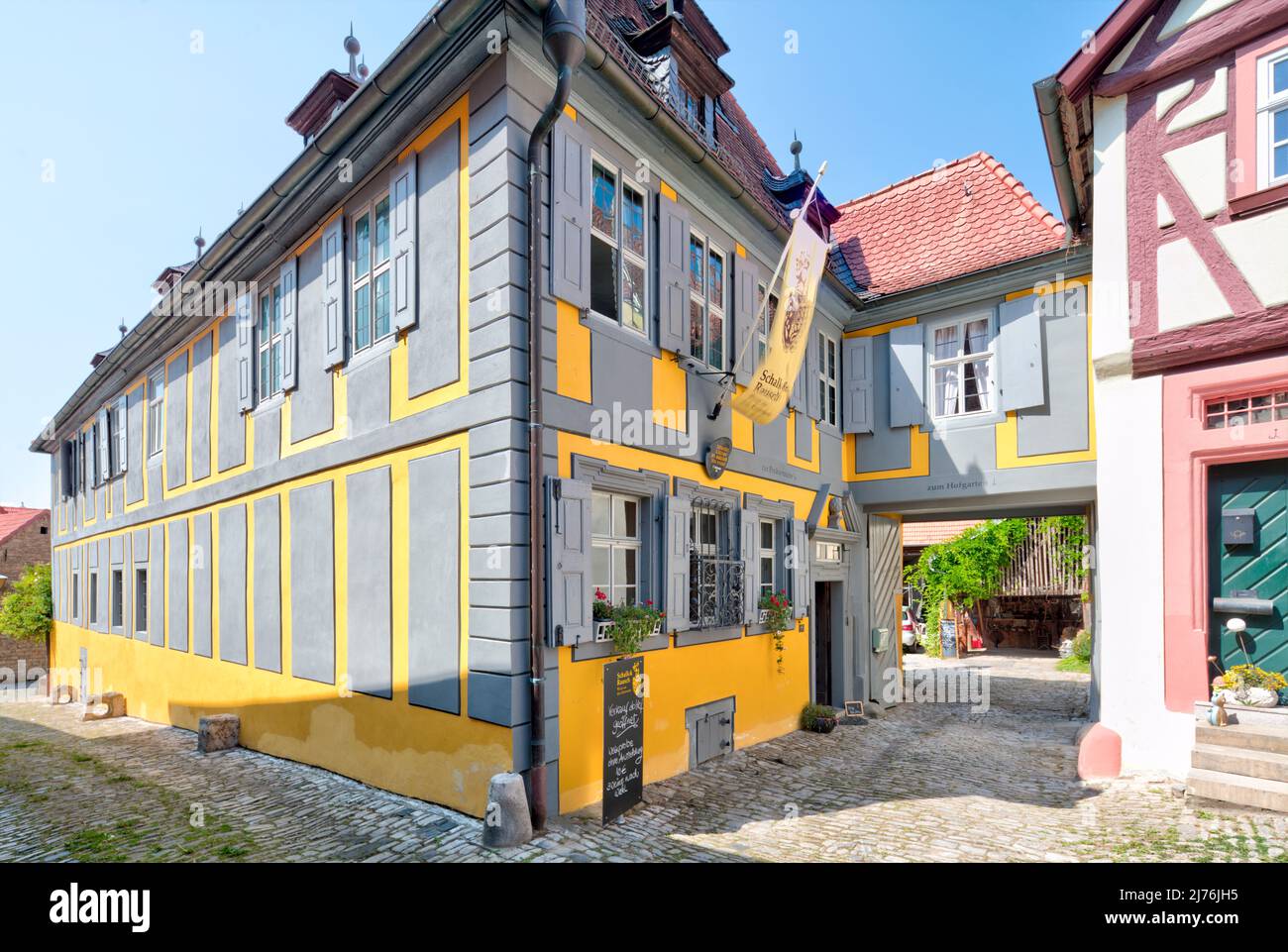 Winery Schalk & Rauch, former caste office, half-timbering, house facade, Mainbernheim, Franconia, Bavaria, Germany, Europe Stock Photo