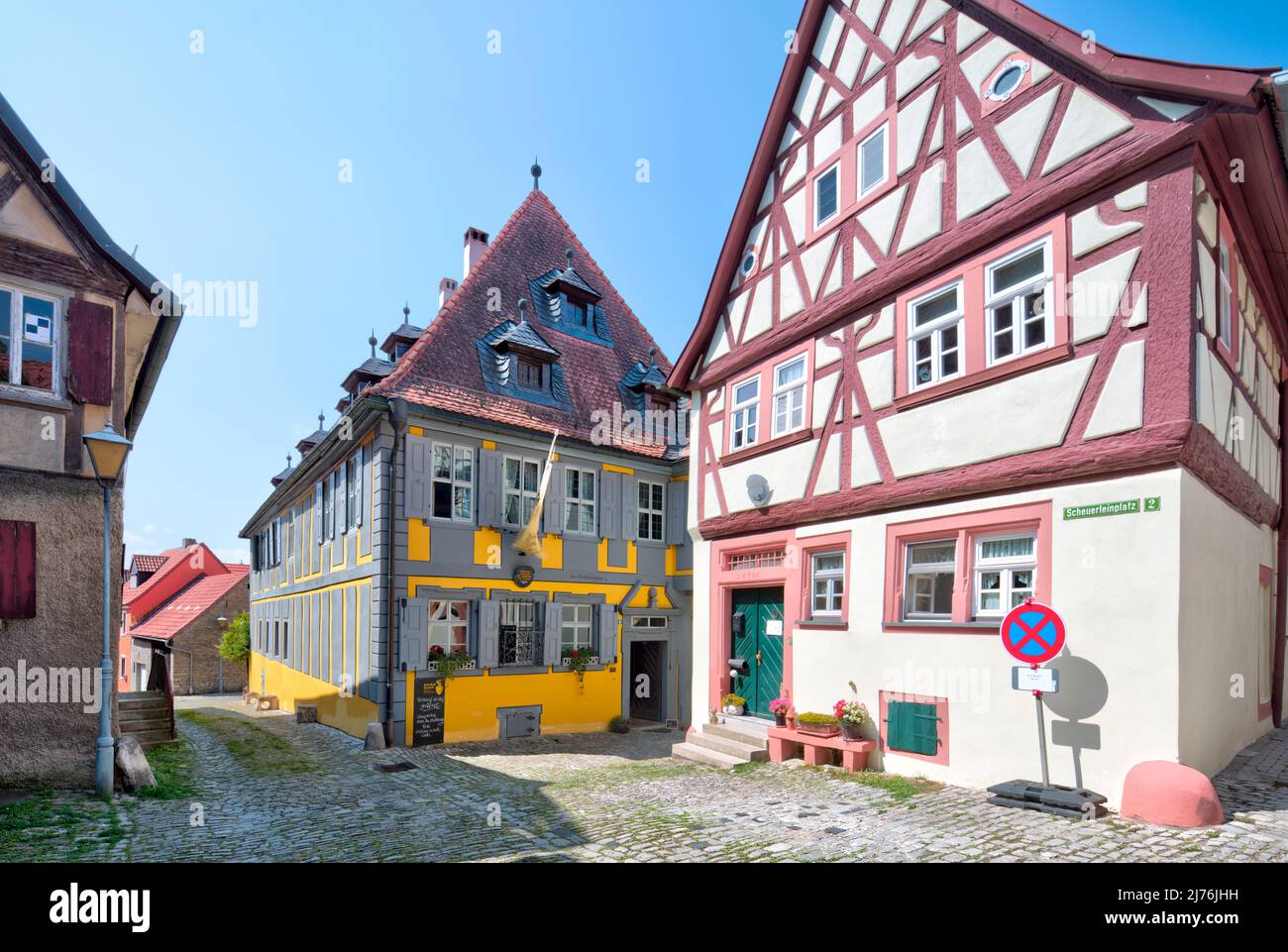 Winery Schalk & Rauch, former caste office, half-timbering, house facade, Mainbernheim, Franconia, Bavaria, Germany, Europe Stock Photo