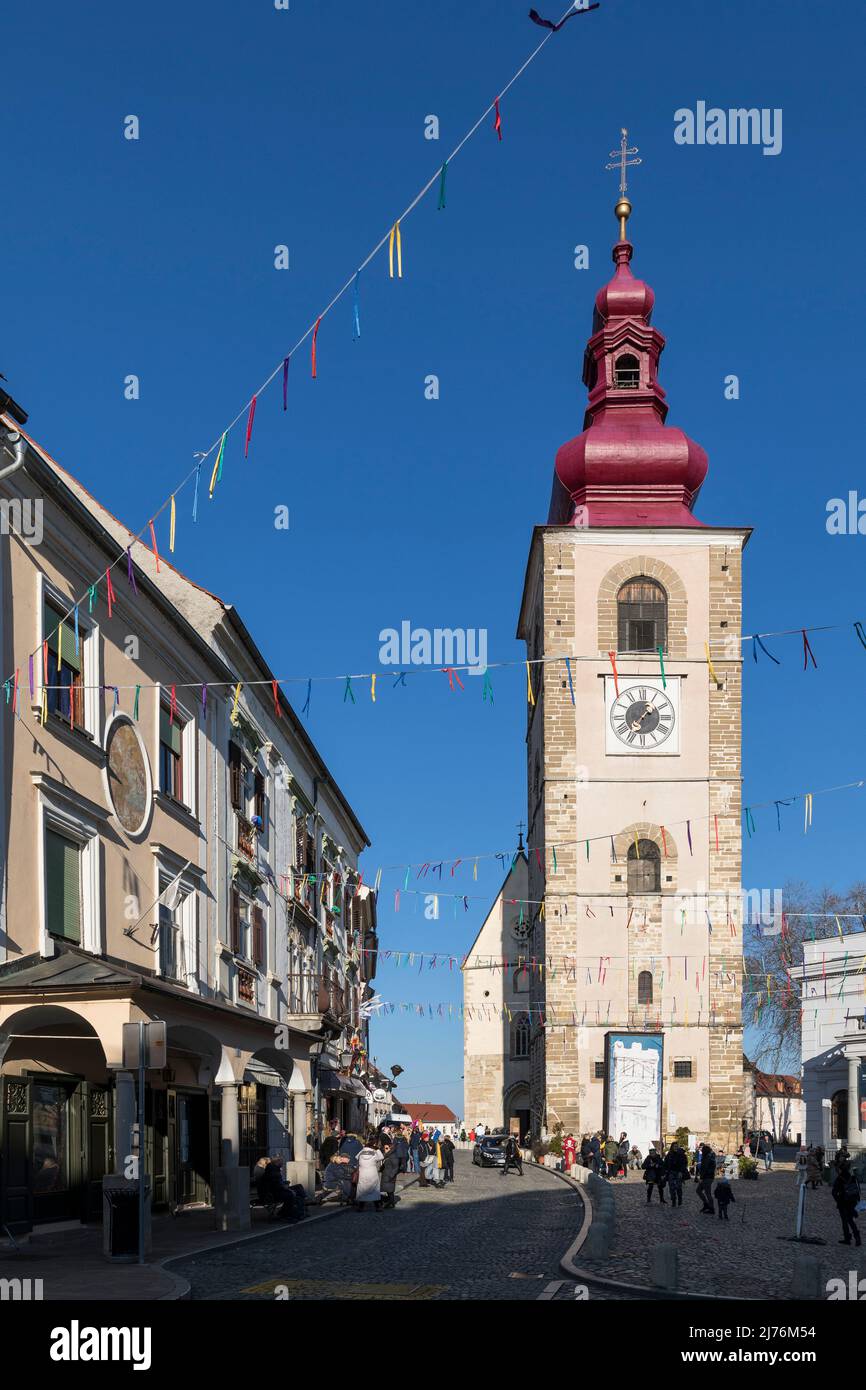 Town tower in Ptuj (Pettau) at carnival time, Lower Styria, Podravska, Slovenia, Europe Stock Photo