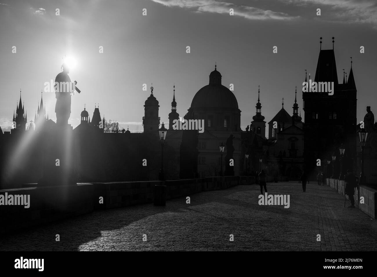 Sunrise at Charles Bridge, Old Town Bridge Tower, Church of the Holy Cross, Prague, Czech Republic Stock Photo