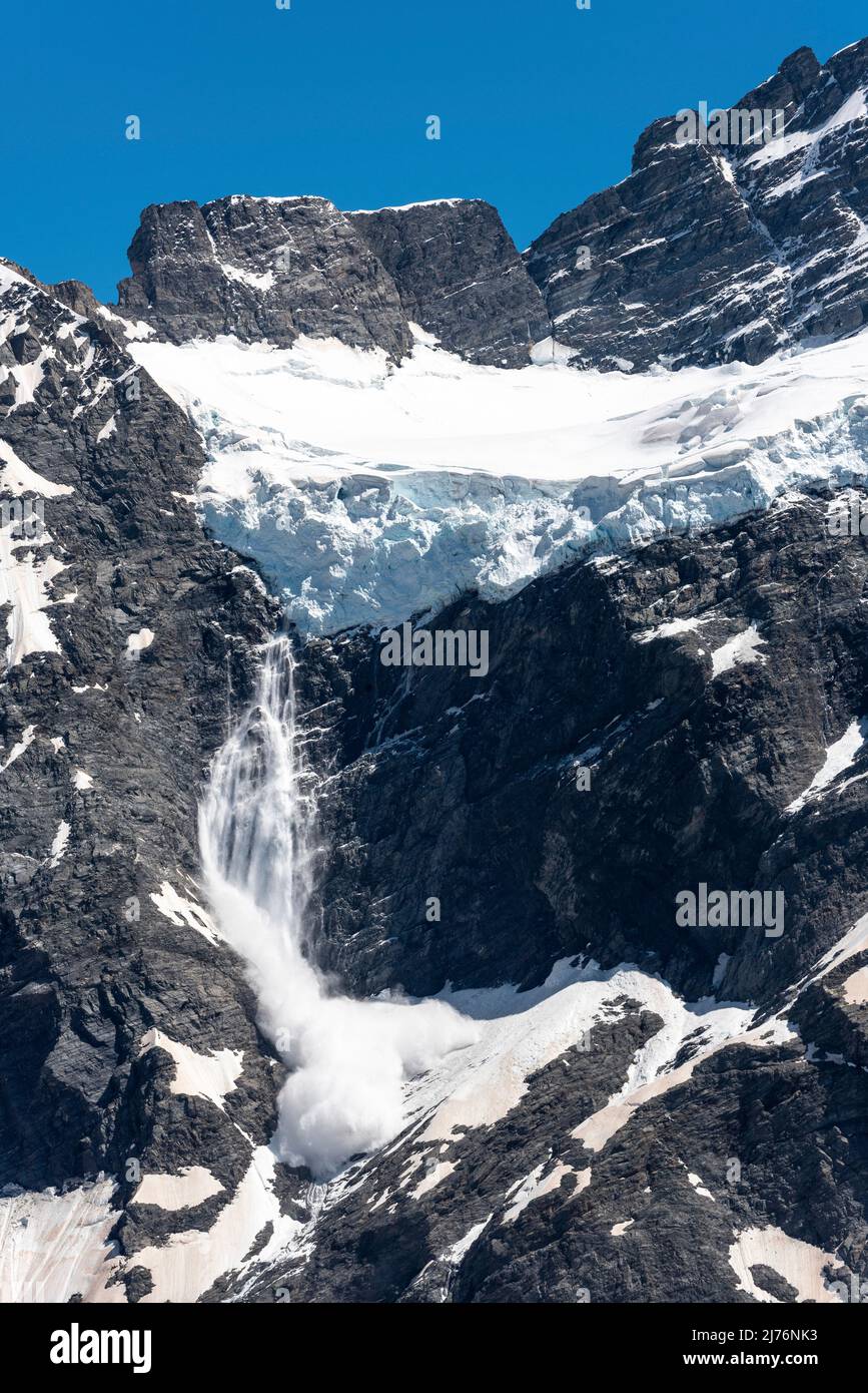 Detail picture of an avalanche starting at Mount Sefton, Mount Cook National Park, South Island of New Zealand Stock Photo