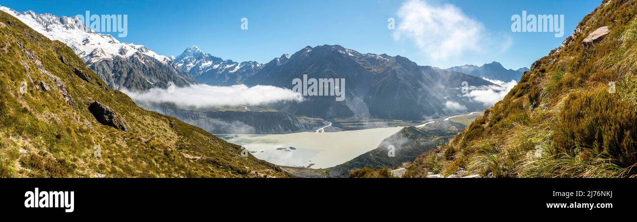 Cloudy view to the valley of Mount Cook National Park from Mueller Hut Route, South Island of New Zealand Stock Photo