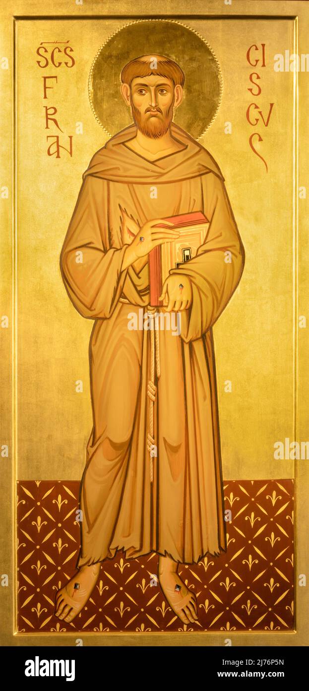 BARI, ITALY - MARCH 3, 2022: The icon of St. Francis of Assisi in the church Chiesa di Sacro Cuore by unknown artist. Stock Photo
