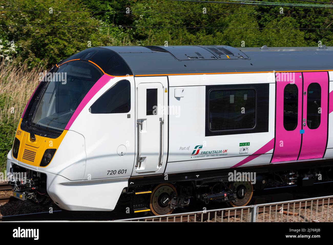 New C2C Class 720 train on a test run at Chalkwell, Southend on Sea, Essex, UK. Electrified London Southend Railway operated by Trenitalia Stock Photo