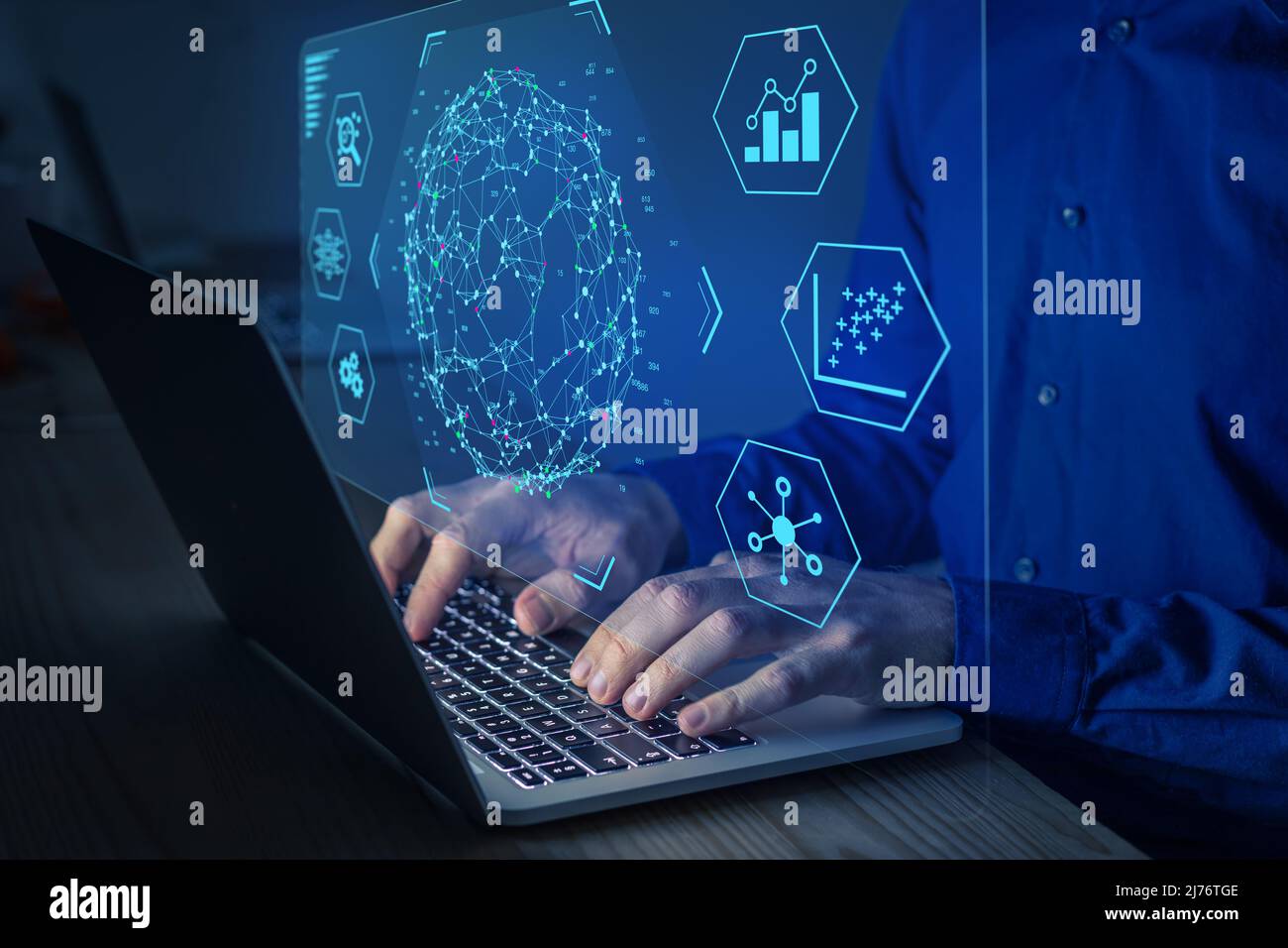 Big data and analytics visualization technology with scientist analyzing information structure on screen with machine learning to extract predictions Stock Photo