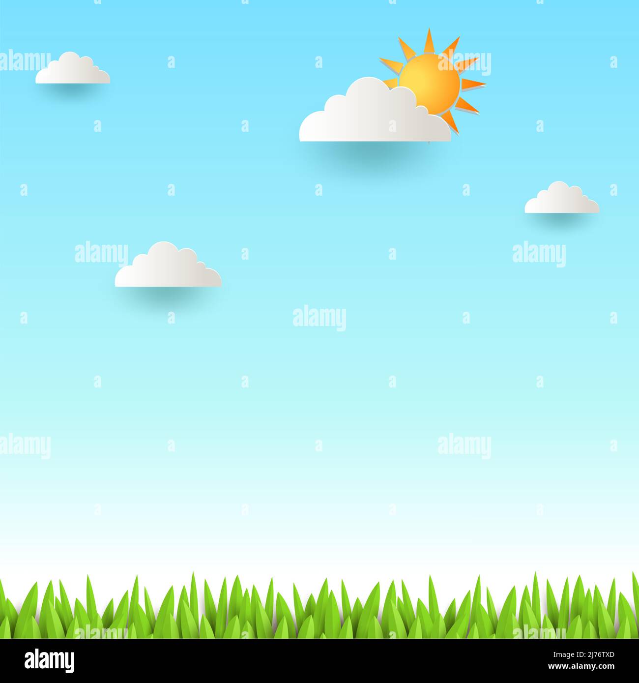 Fresh Blue Sky With Sun And Green Grass In Paper cut Style Stock Vector ...