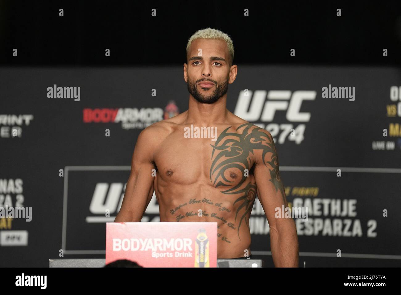 PHOENIX, AZ - May 6: Danny Roberts steps on the scale at Hyatt Regency for UFC 274 - Oliveira vs Gaethje : Official Weigh-in on May 6, 2022 in Phoenix, Arizona, United States. (Photo by Louis Grasse/PxImages) Stock Photo
