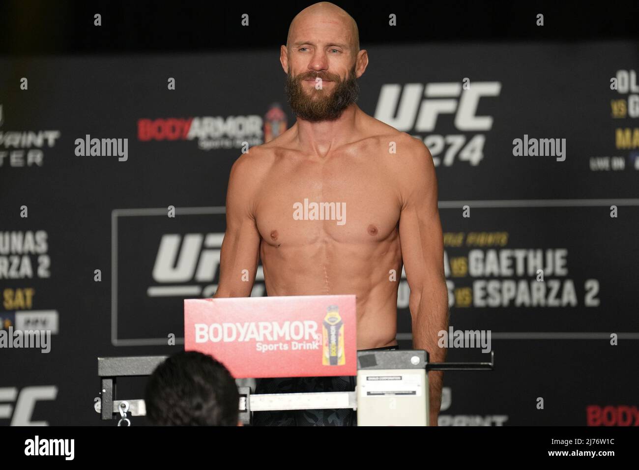 PHOENIX, AZ - May 6: Donald Cerrone steps on the scale at Hyatt Regency for UFC 274 - Oliveira vs Gaethje : Official Weigh-in on May 6, 2022 in Phoenix, Arizona, United States. (Photo by Louis Grasse/PxImages) Stock Photo