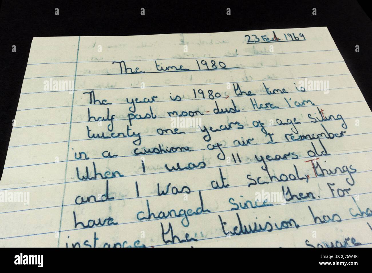An essay 'The time 1980' by a primary school child looking into the technology in the future (written in 1969), 1960's themed replica memorabilia. Stock Photo