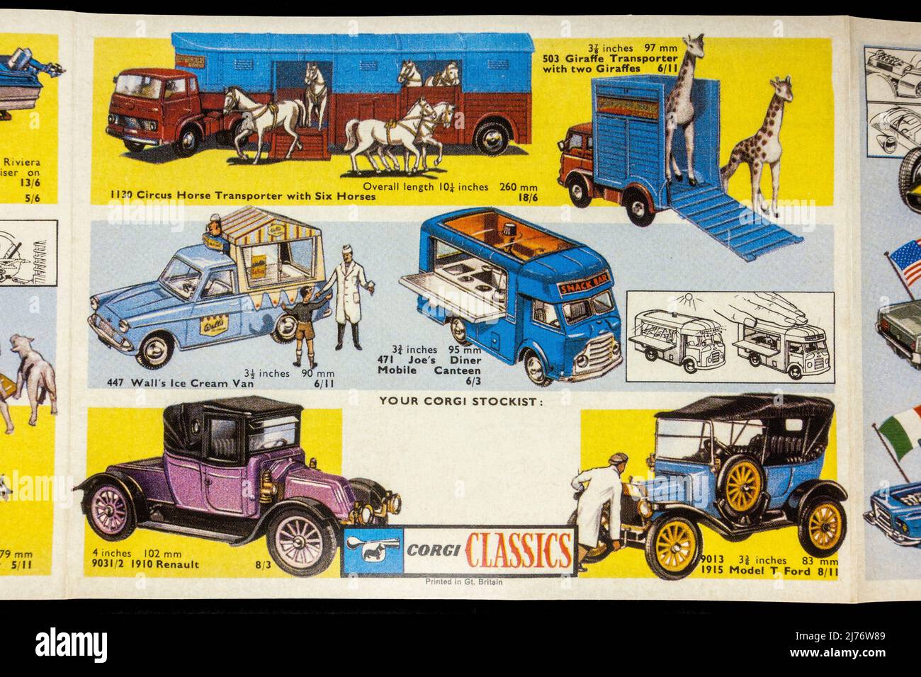 Promotional brochure for a range of Corgi Toys, a piece of 1960's themed replica memorabilia. Stock Photo