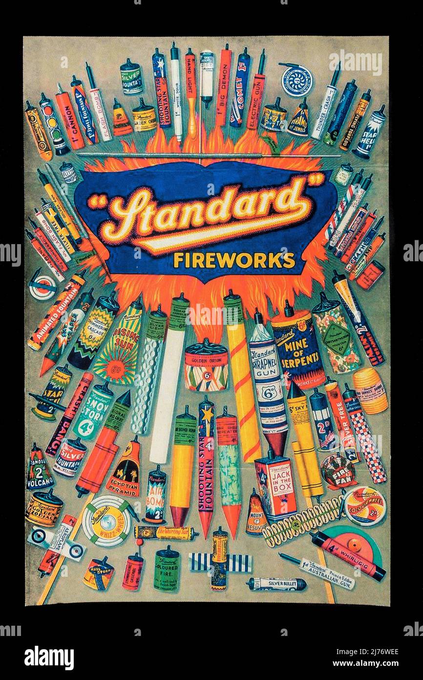 Advertising poster  for Standard Fireworks, part of a 1960's themed replica memorabilia. Stock Photo