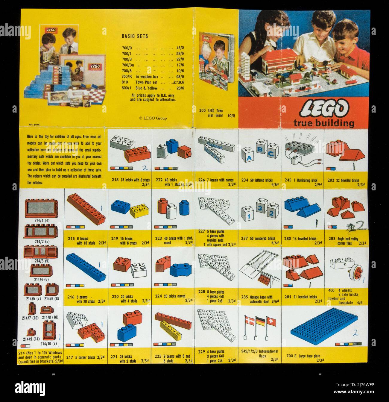 A LEGO leaflet promoting their range of standard bricks, part of 1960's themed replica memorabilia. Stock Photo
