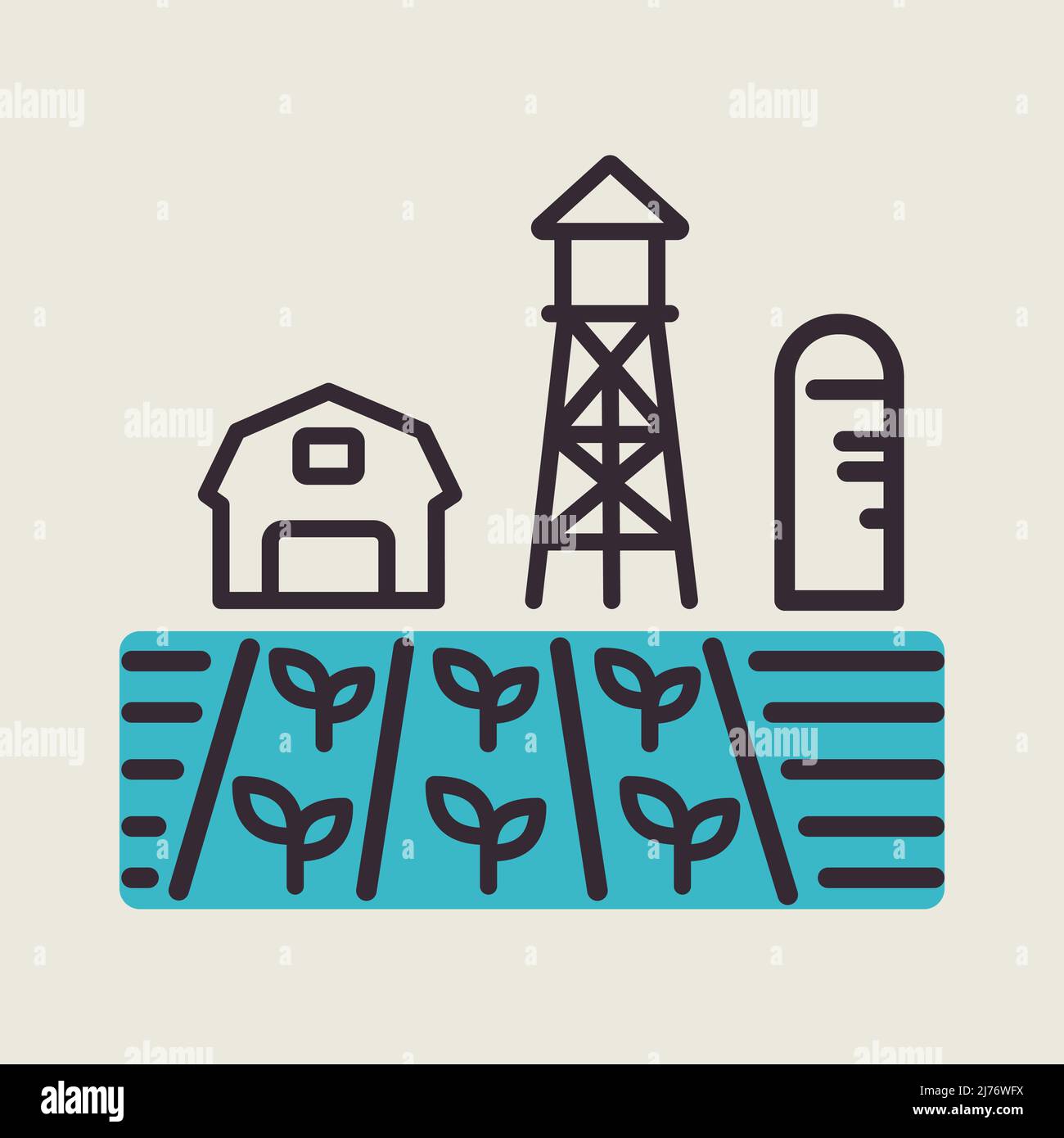 Farm landscape with barn, windpump, seedling and water tower vector ...