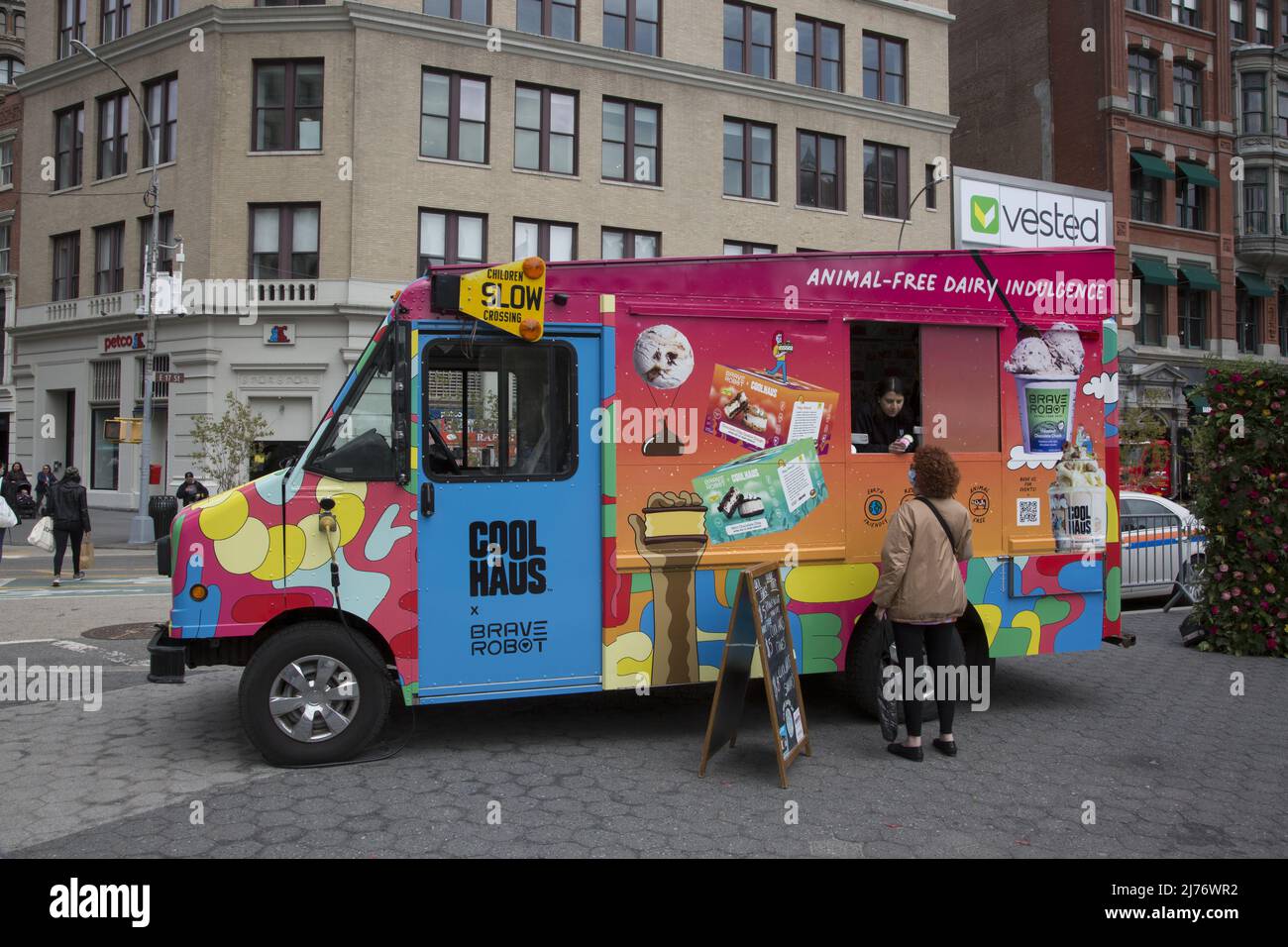 Colorful vegan ice cream truck at Union Square in New York City. Stock Photo