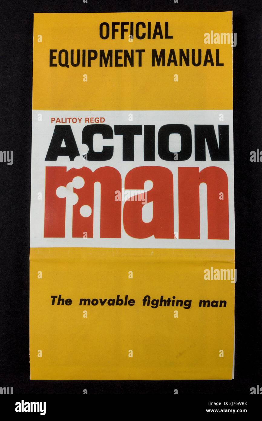 The 'Official Equipment Manual' leaflet (replica) showing the range of Action Man toys, a piece of 1960's themed memorabilia. Stock Photo