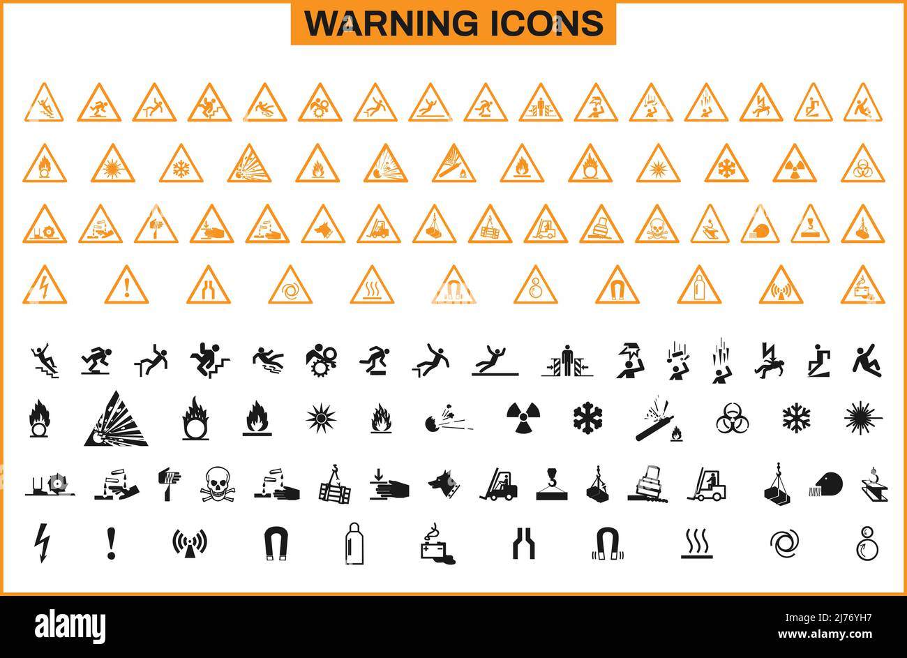 Warning Icon Set In Black And Yellow Color Stock Vector