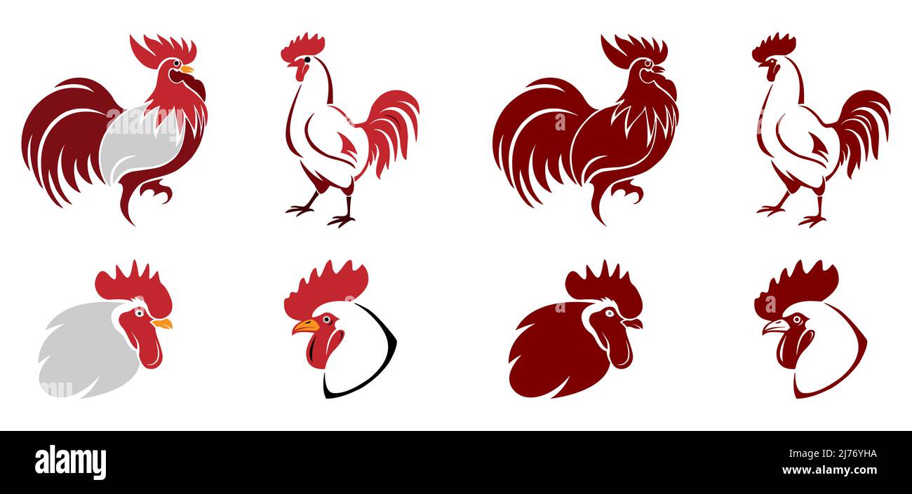 Chicken Icons In Red Grey And White Color Stock Vector