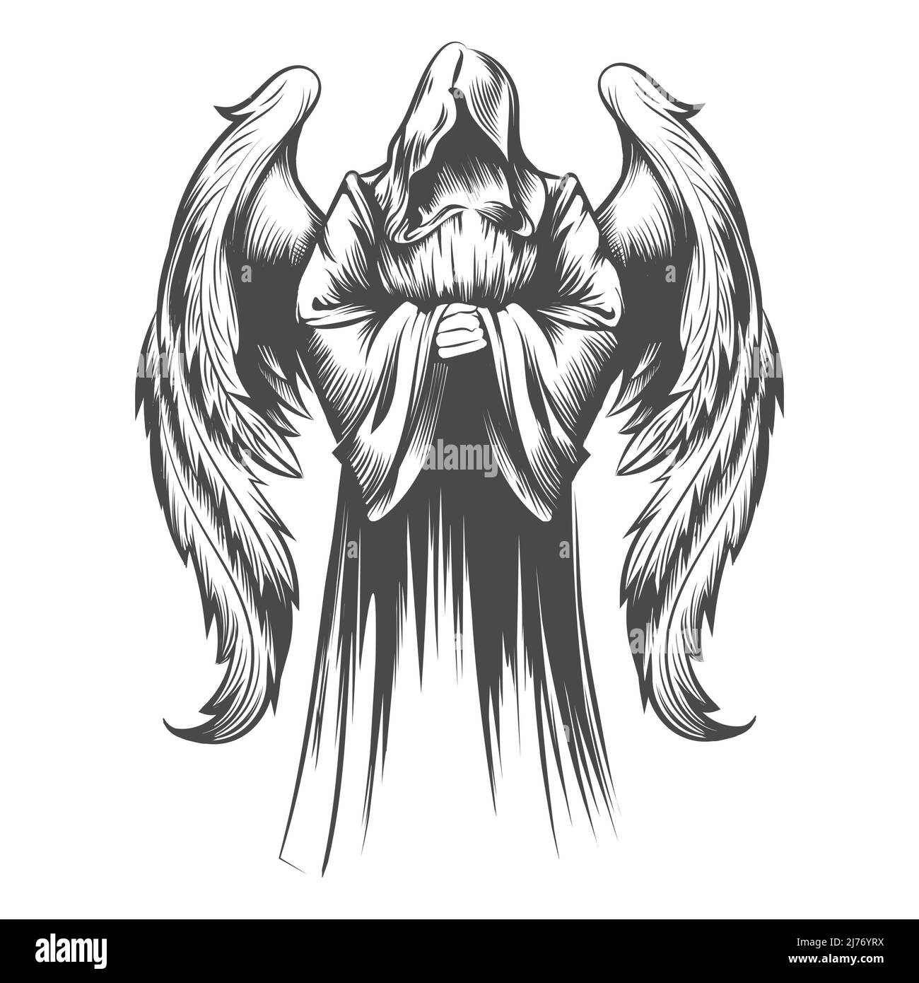 Tattoo of Angel with Wings drawn in Engraving style isolated on white background. Vector Illustration. Stock Vector