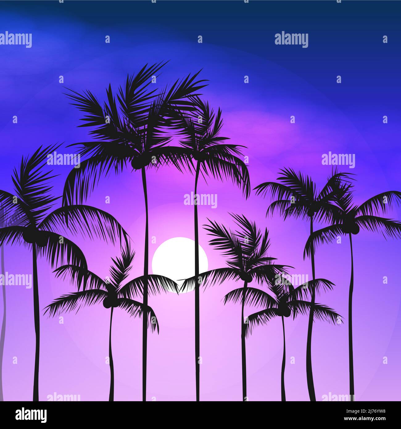 Tropical Evening Beach With Moon Coconut Palm Tree Stock Vector