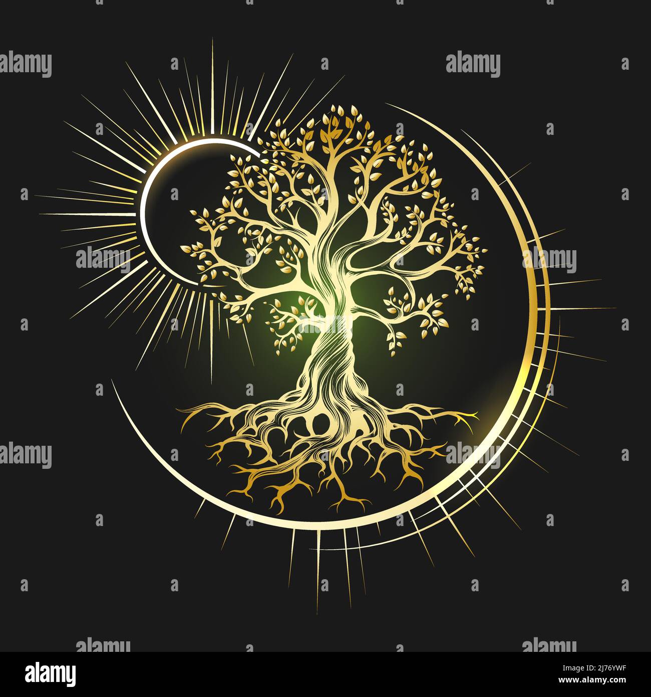 Emblem of Esoteric Symbol Golden Tree of Life isolated on black background. Vector illustration. Stock Vector