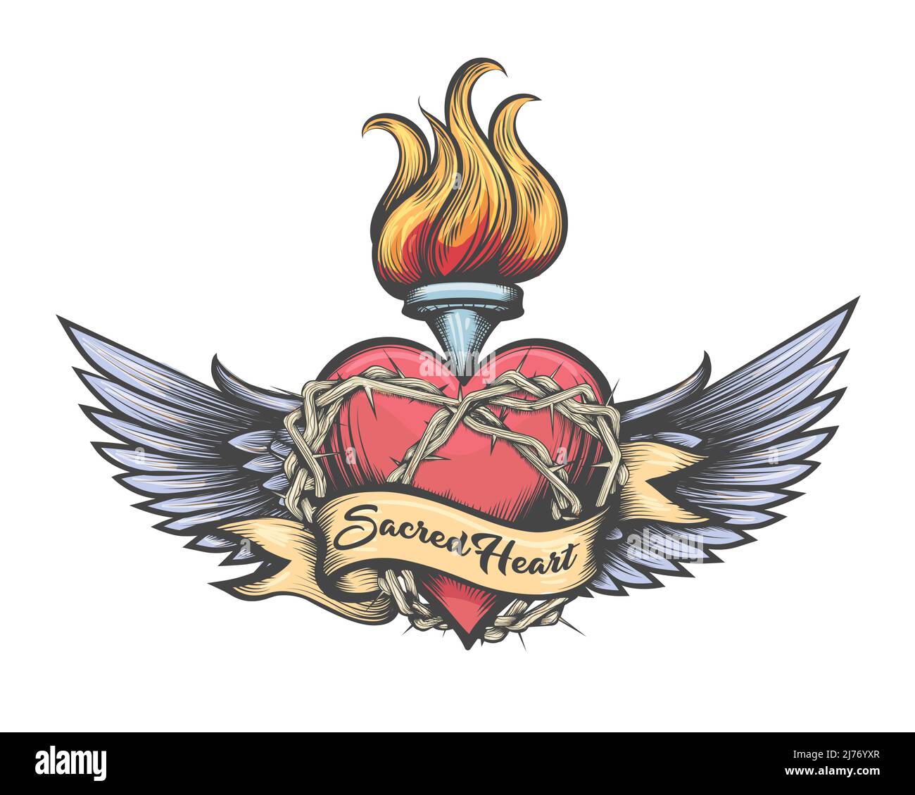Tattoo of Winged Sacred Heart Tattoo drawn in Engraving Style isolated on white background. Vector illustration. Stock Vector